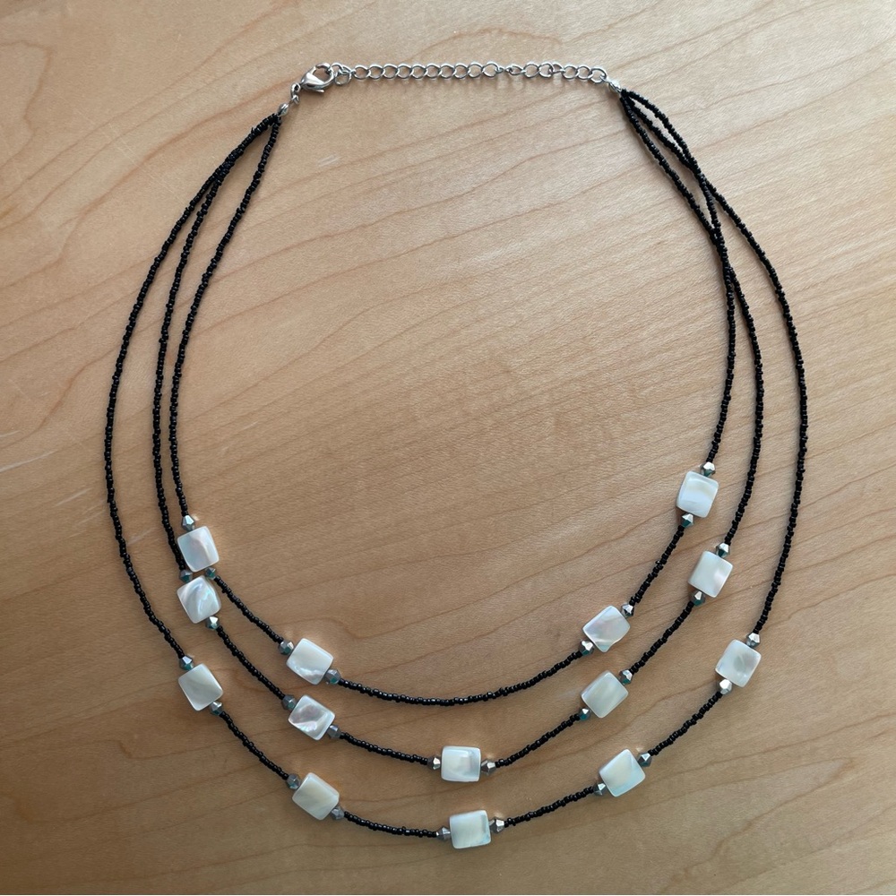 Mother Of Pearl Necklace With Black Beads Adjustable Length